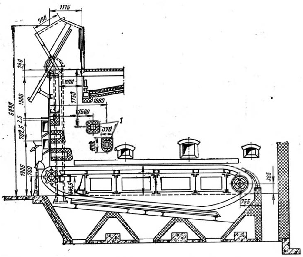 Продольный разрез топки с цепной колосниковой решеткой. 